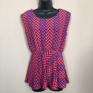 Paper Crane Bright Blue and Red Orange Zigzag Print Top